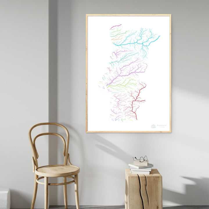 River basin map of Portugal, rainbow colours on white Fine Art Print