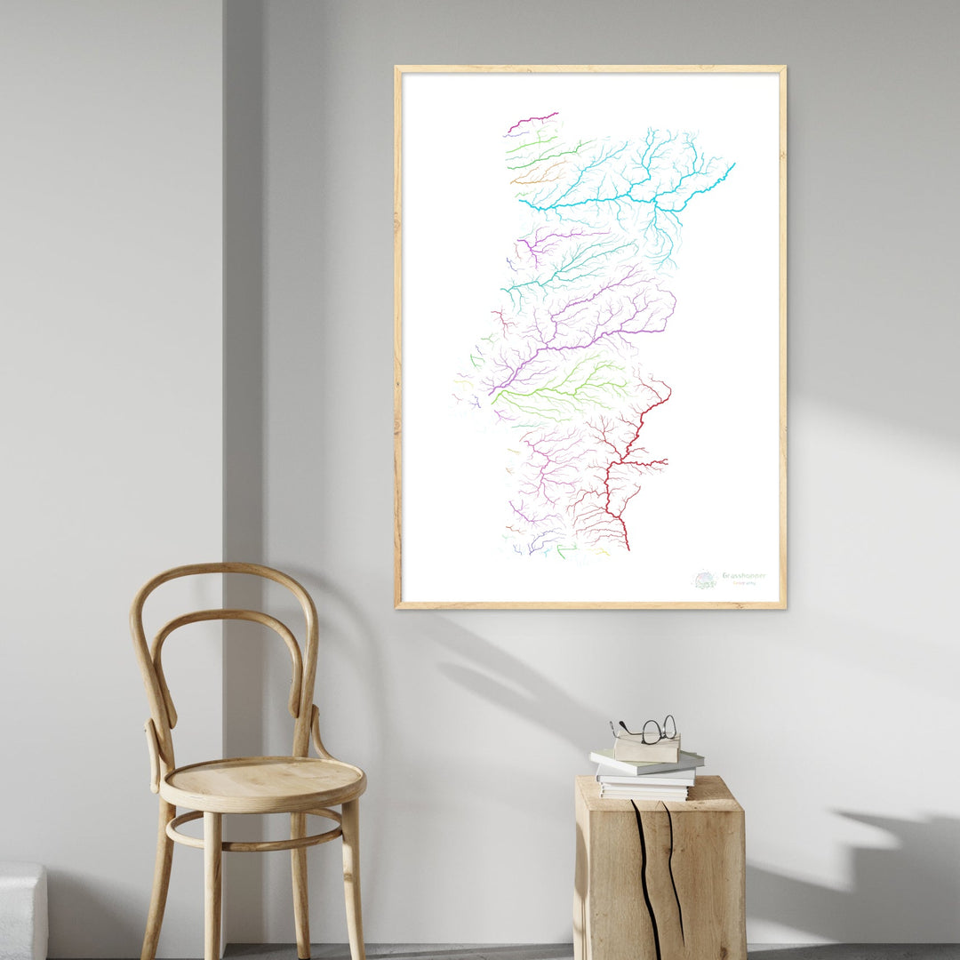 Portugal - River basin map, rainbow on white - Fine Art Print