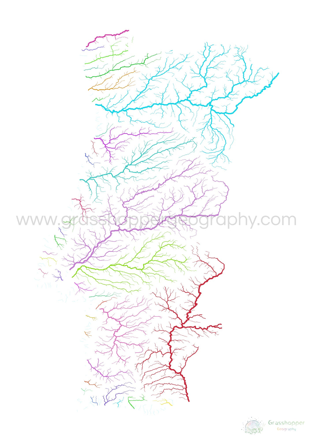 Portugal - River basin map, rainbow on white - Fine Art Print