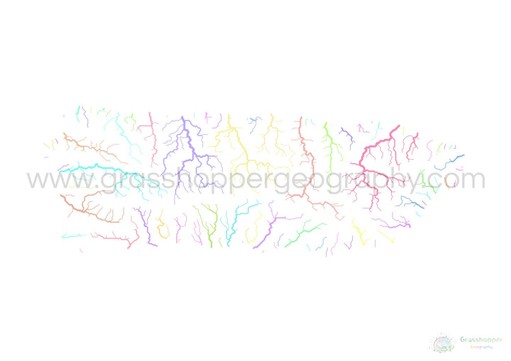 Porto Rico - Mapa da bacia hidrográfica, pastel sobre branco - Impressão de belas artes