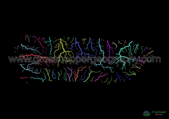 Puerto Rico - Mapa de la cuenca fluvial, arco iris sobre negro - Impresión de Bellas Artes