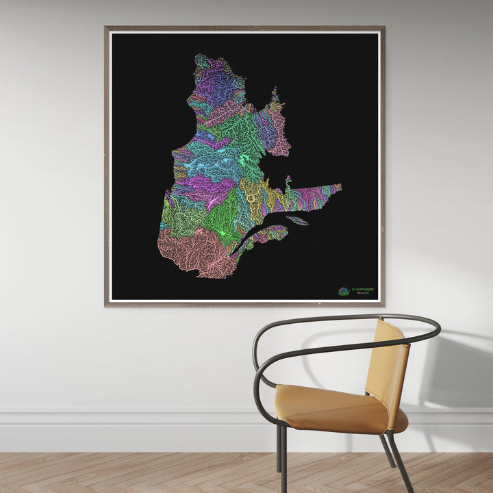 River basin map of Quebec, pastel colours on black - Fine Art Print