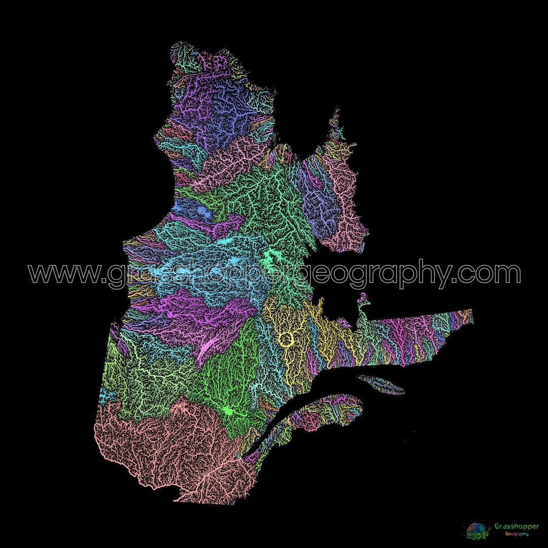 Quebec - Mapa de la cuenca fluvial, pastel sobre negro - Impresión de Bellas Artes