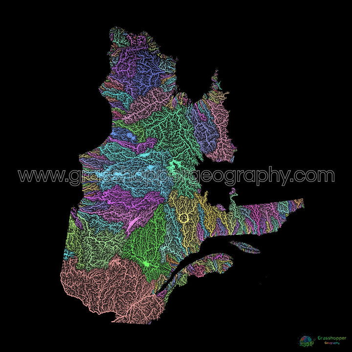 Quebec - Mapa de la cuenca fluvial, pastel sobre negro - Impresión de Bellas Artes
