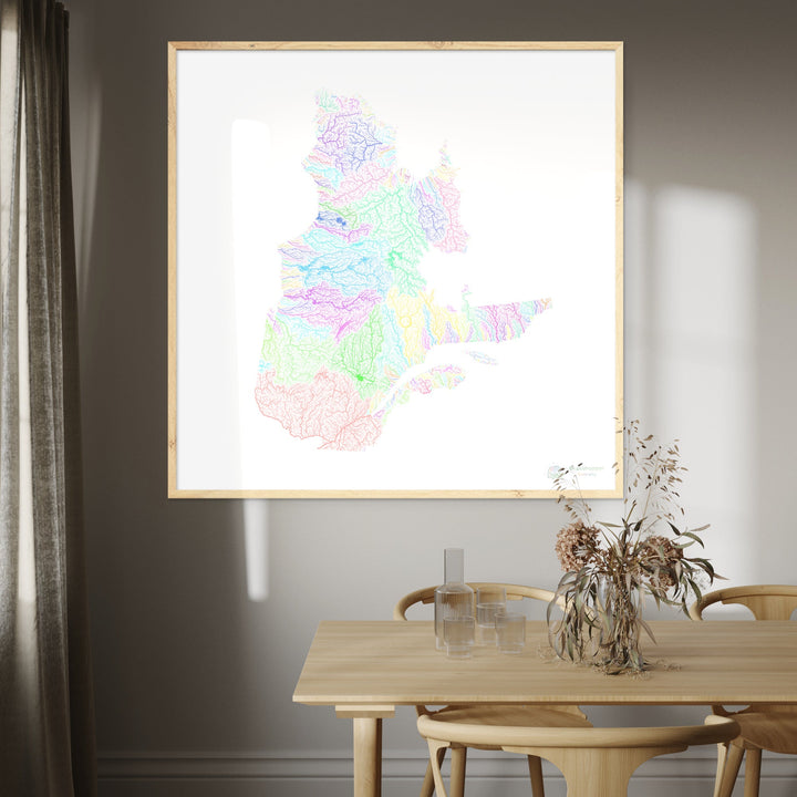 Québec - Carte des bassins fluviaux, pastel sur blanc - Tirage d'art