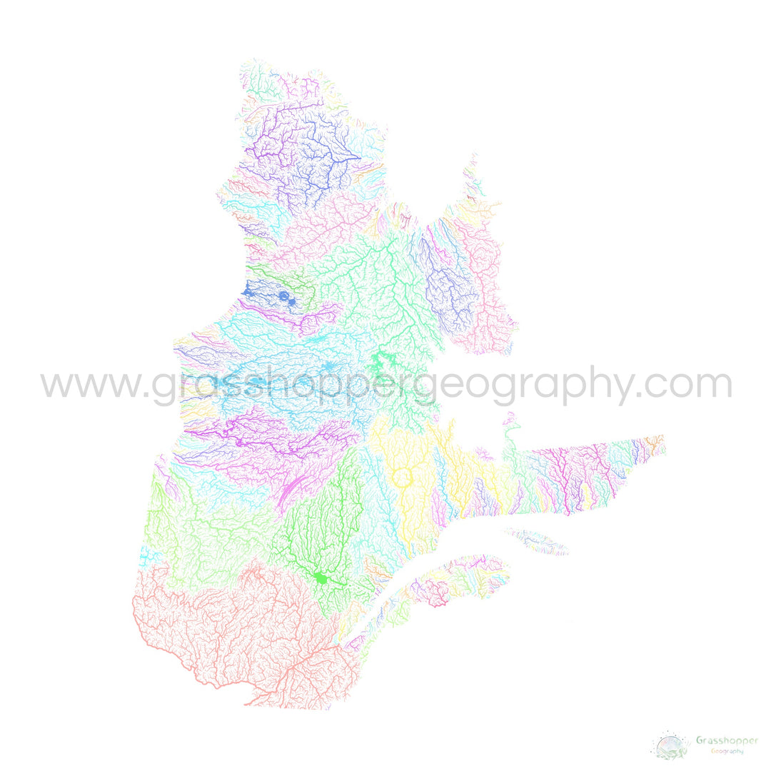 Québec - Carte des bassins fluviaux, pastel sur blanc - Tirage d'art