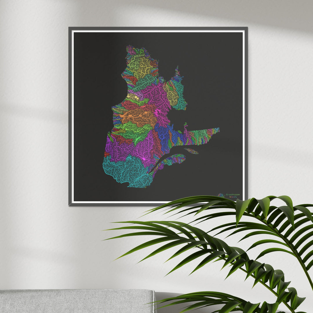 Quebec - River basin map, rainbow on black - Fine Art Print