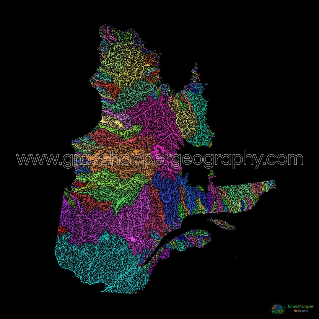 River basin map of Quebec, rainbow colours on black - Fine Art Print