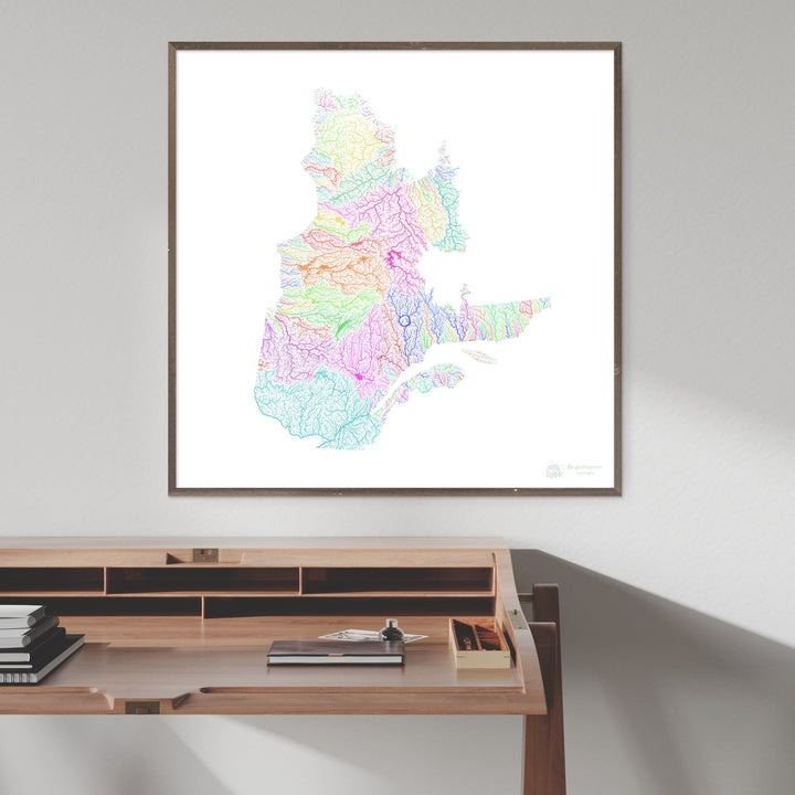 Quebec - River basin map, rainbow on white - Fine Art Print