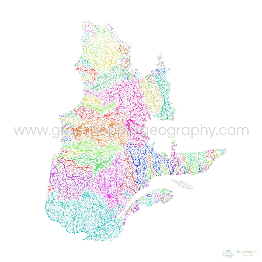 River basin map of Quebec, rainbow colours on white Fine Art Print