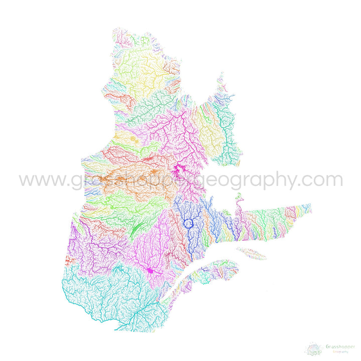 Quebec - Mapa de la cuenca fluvial, arco iris sobre blanco - Impresión de Bellas Artes