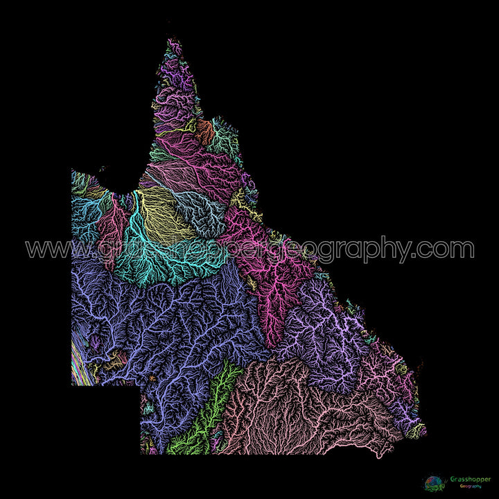 River basin map of Queensland, pastel colours on black - Fine Art Print
