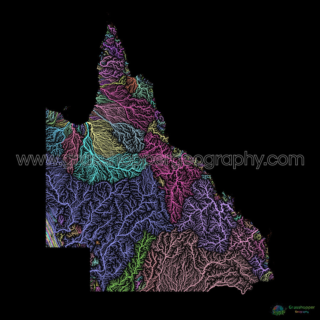 Queensland - Carte des bassins fluviaux, pastel sur noir - Fine Art Print