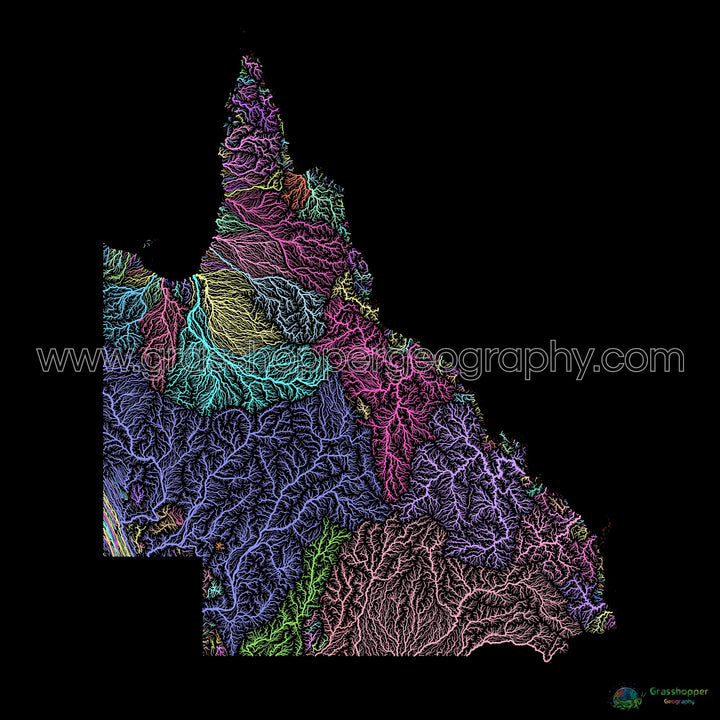 Queensland - Mapa de la cuenca fluvial, pastel sobre negro - Impresión de Bellas Artes