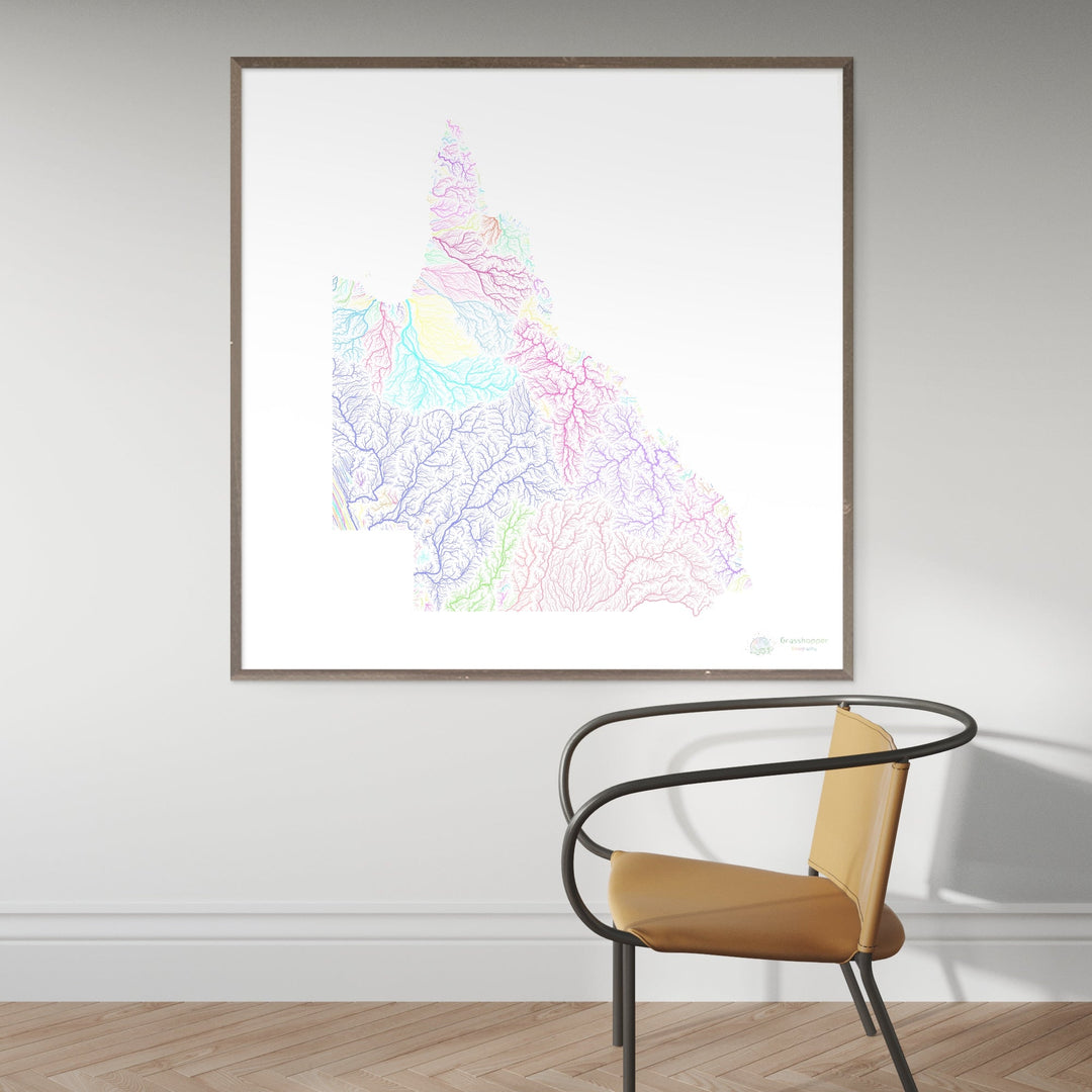 Queensland - Mapa de la cuenca fluvial, pastel sobre blanco - Impresión de Bellas Artes