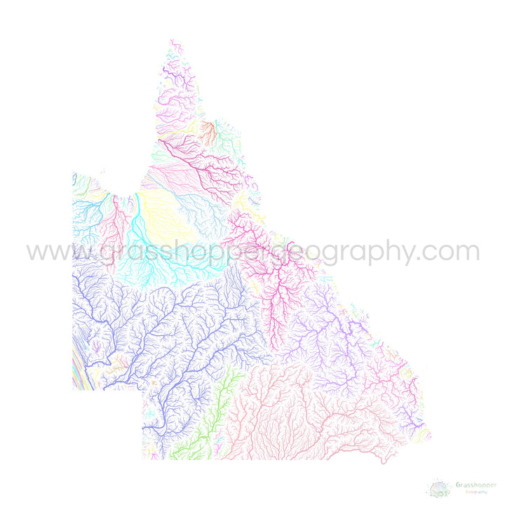 Queensland - Mapa de la cuenca fluvial, pastel sobre blanco - Impresión de Bellas Artes