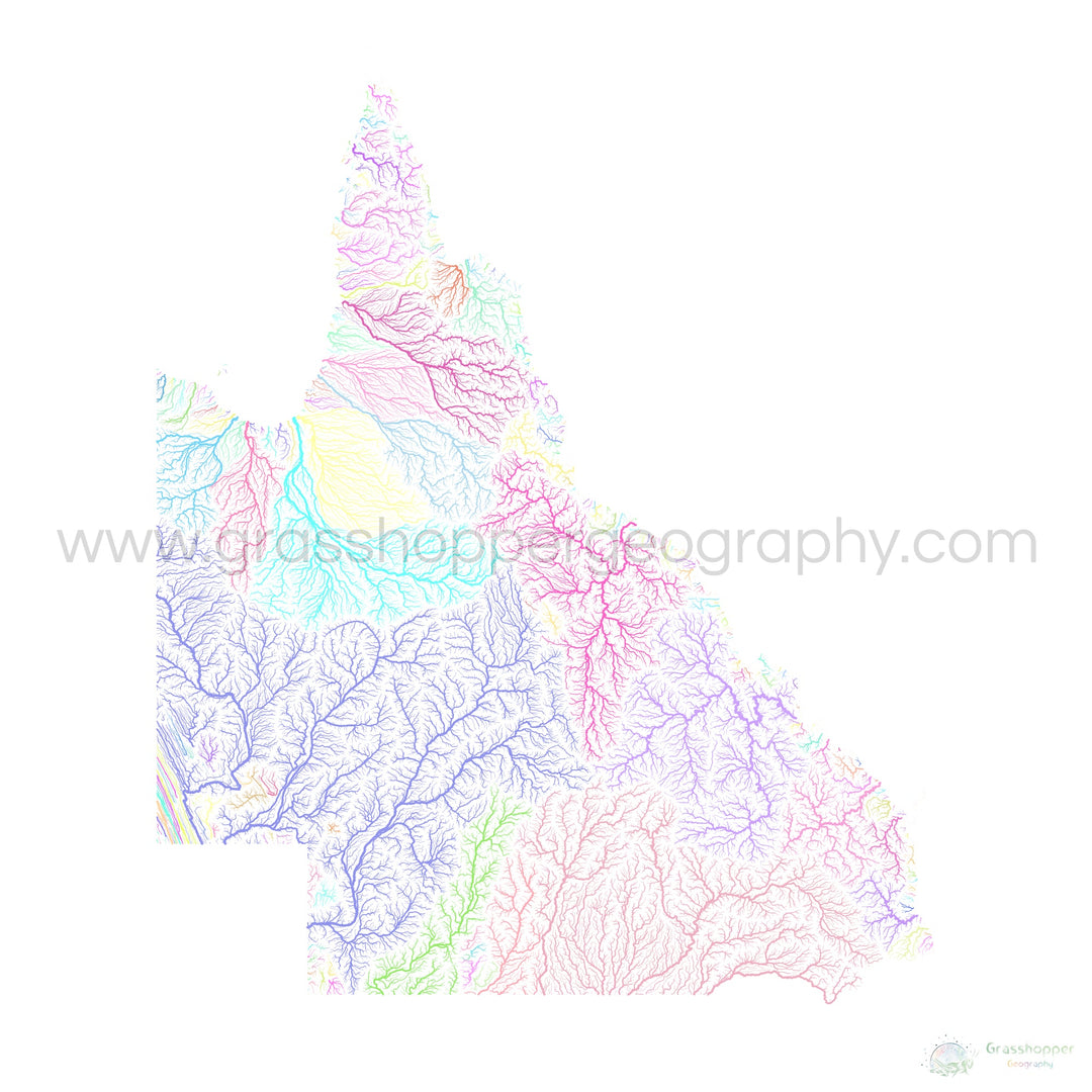 Queensland - Mapa de la cuenca fluvial, pastel sobre blanco - Impresión de Bellas Artes