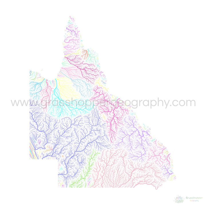 Queensland - Carte du bassin fluvial, pastel sur blanc - Fine Art Print