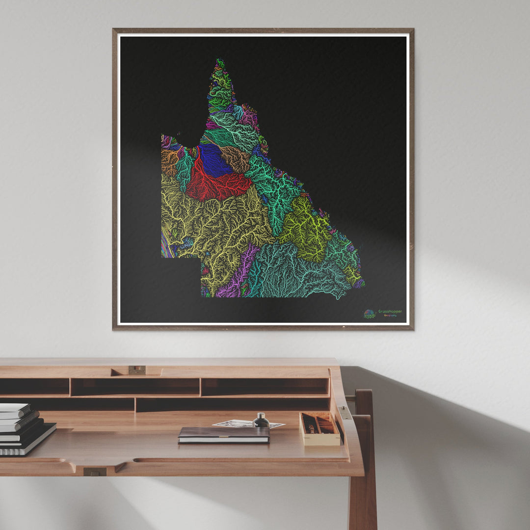 Queensland - River basin map, rainbow on black - Fine Art Print