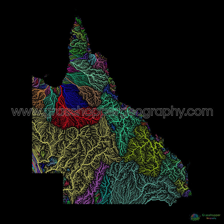 Queensland - River basin map, rainbow on black - Fine Art Print