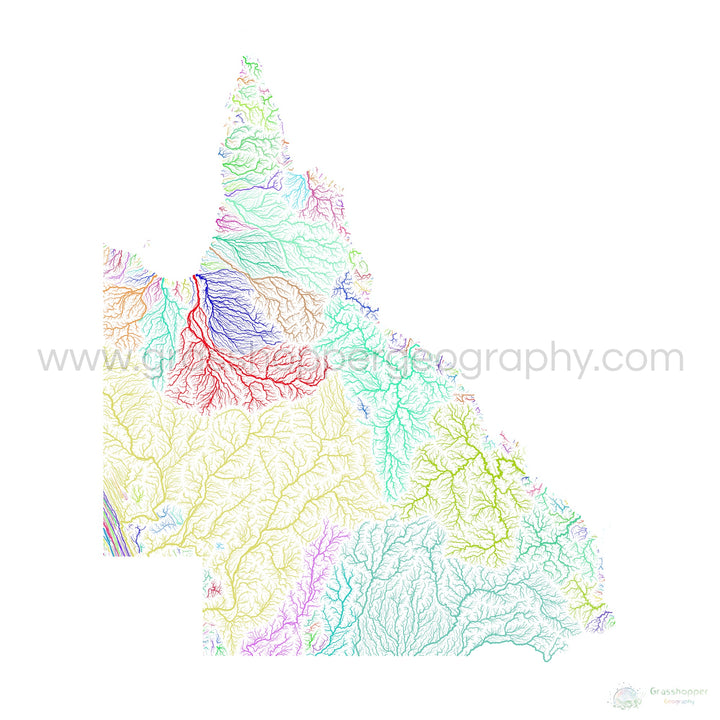 Queensland - River basin map, rainbow on white - Fine Art Print