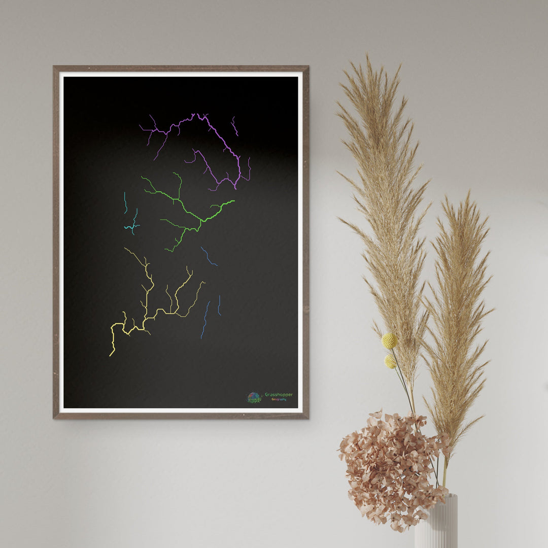Rhode Island - Mapa de la cuenca fluvial, arco iris sobre negro - Impresión de bellas artes