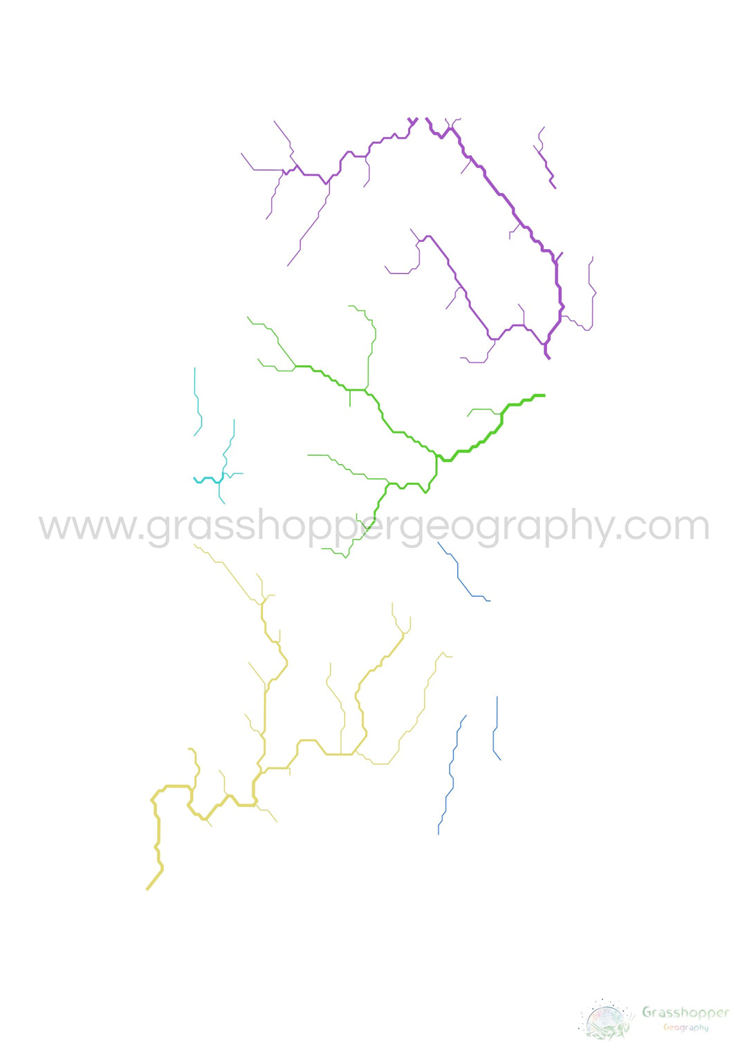 Rhode Island - River basin map, rainbow on white - Fine Art Print