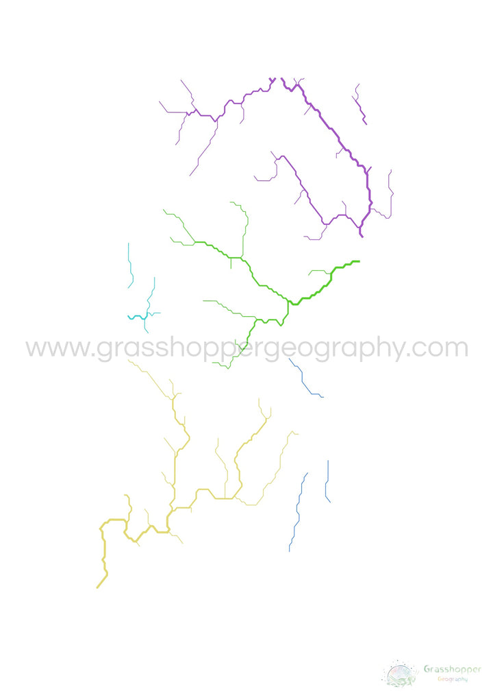 River basin map of Rhode Island, rainbow colours on white Fine Art Print