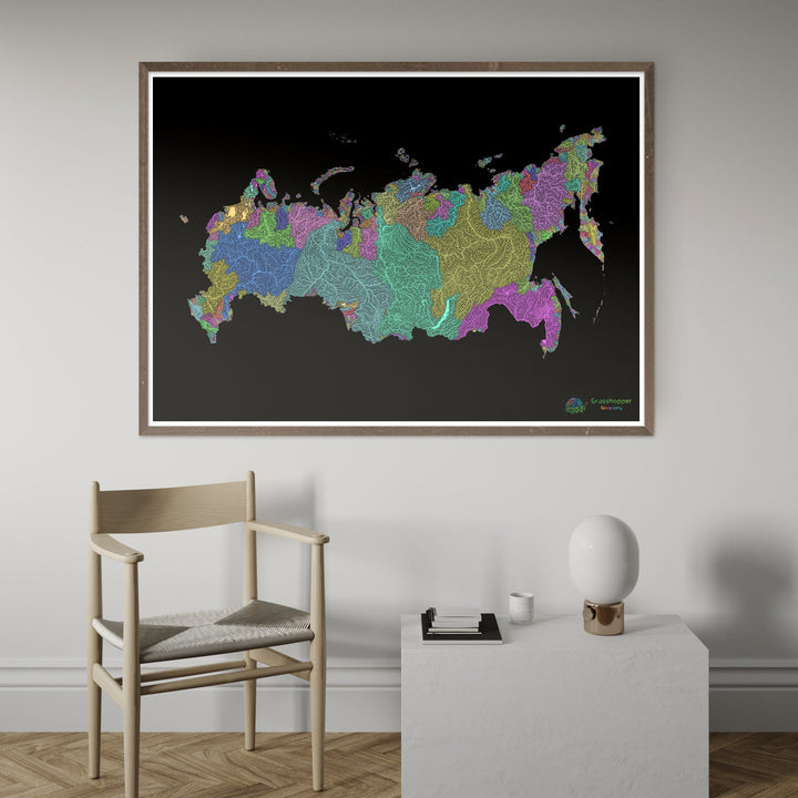 Russie - Carte des bassins fluviaux, pastel sur noir - Fine Art Print