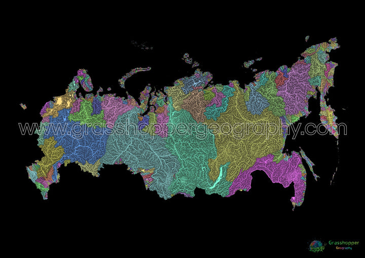 Russie - Carte des bassins fluviaux, pastel sur noir - Fine Art Print