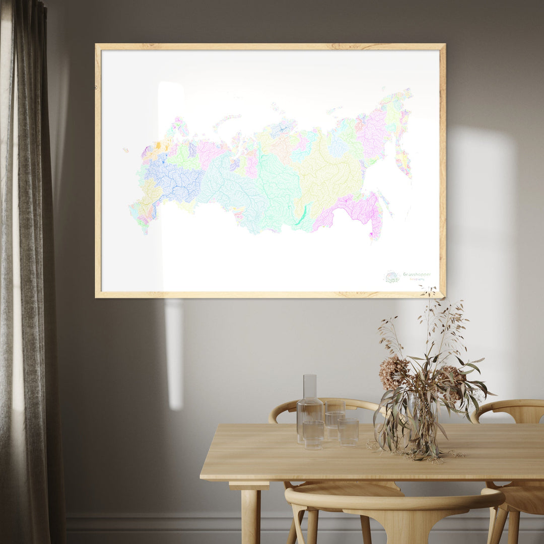 Russie - Carte des bassins fluviaux, pastel sur blanc - Fine Art Print