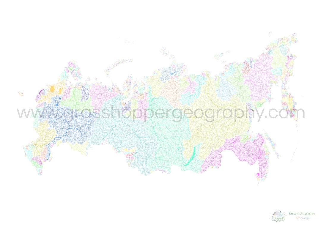 Russie - Carte des bassins fluviaux, pastel sur blanc - Fine Art Print