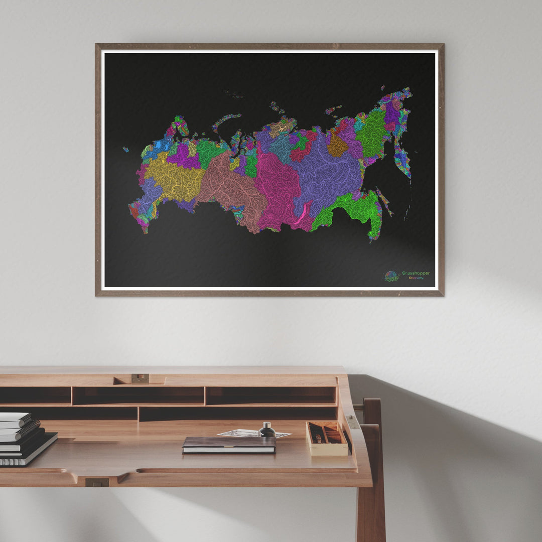 Russia - River basin map, rainbow on black - Fine Art Print