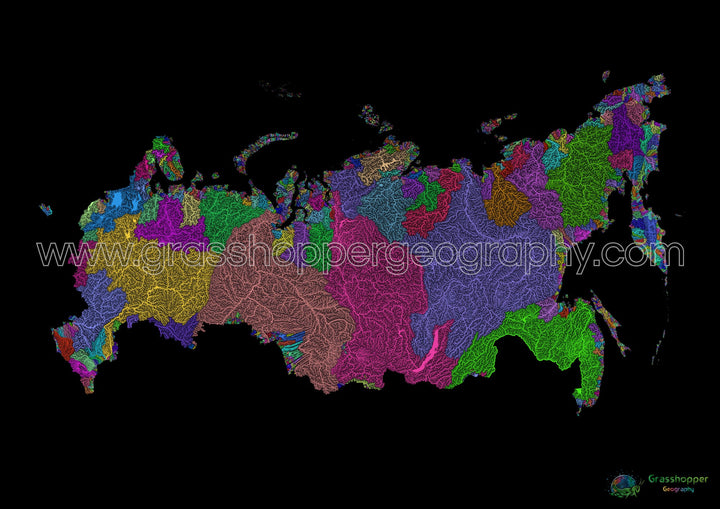 Rusia - Mapa de cuencas fluviales, arco iris sobre negro - Impresión de Bellas Artes