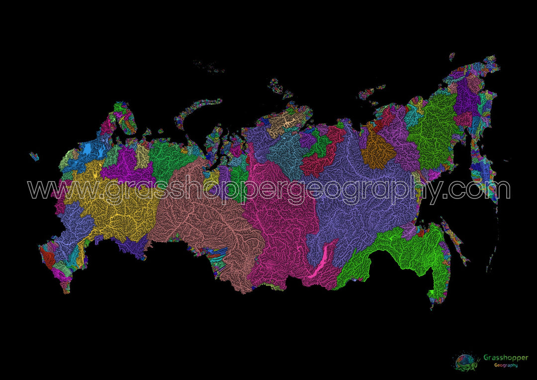 Russia - River basin map, rainbow on black - Fine Art Print