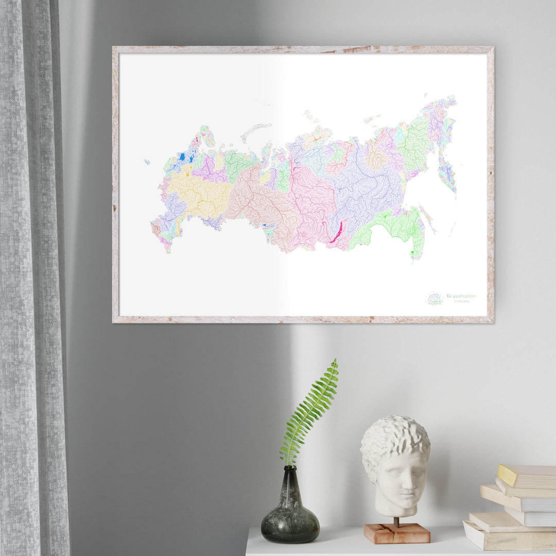 Russia - River basin map, rainbow on white - Fine Art Print