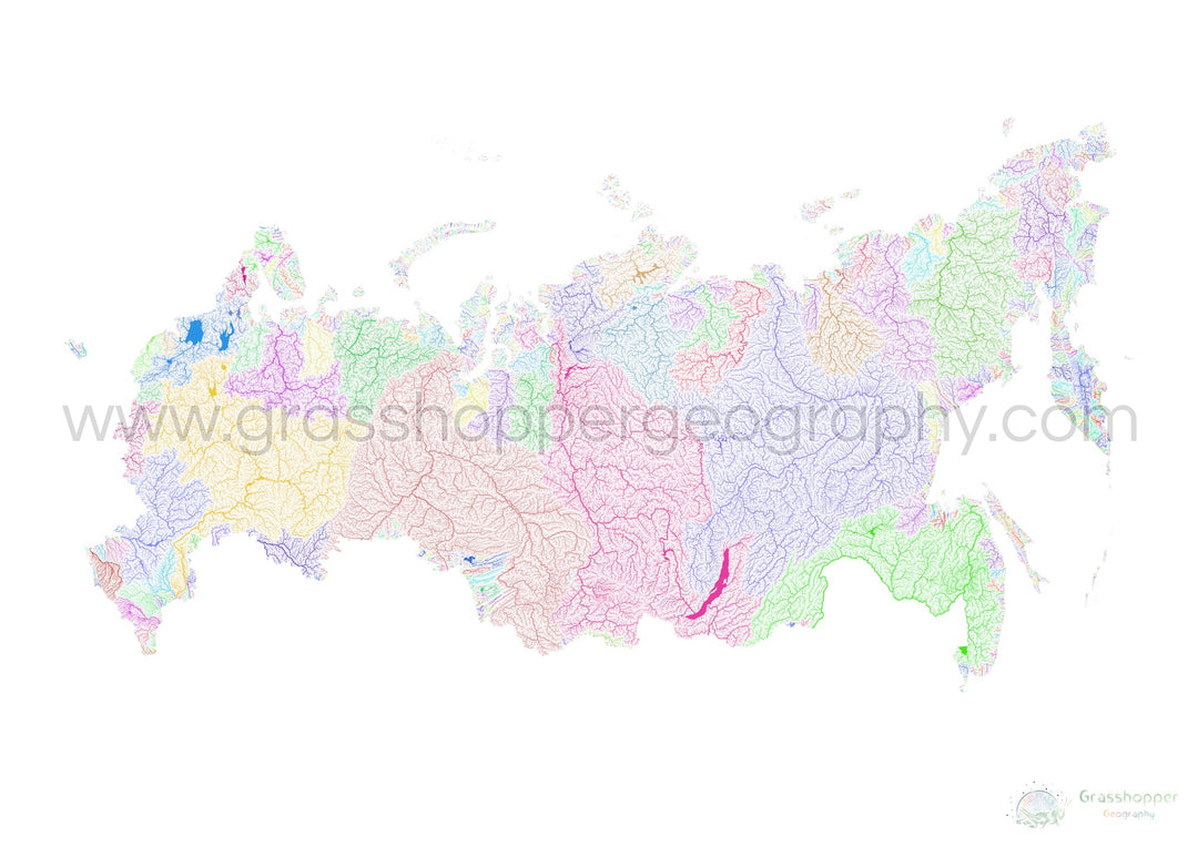 Rusia - Mapa de cuencas fluviales, arco iris sobre blanco - Impresión de Bellas Artes