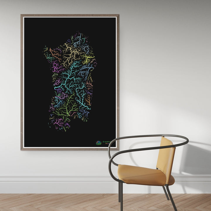 Sardaigne - Carte des bassins fluviaux, pastel sur noir - Fine Art Print