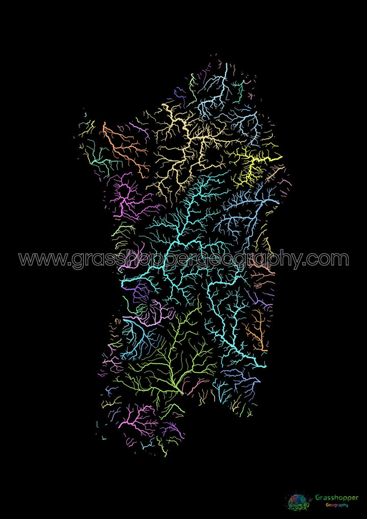 Cerdeña - Mapa de la cuenca hidrográfica, pastel sobre negro - Impresión de Bellas Artes