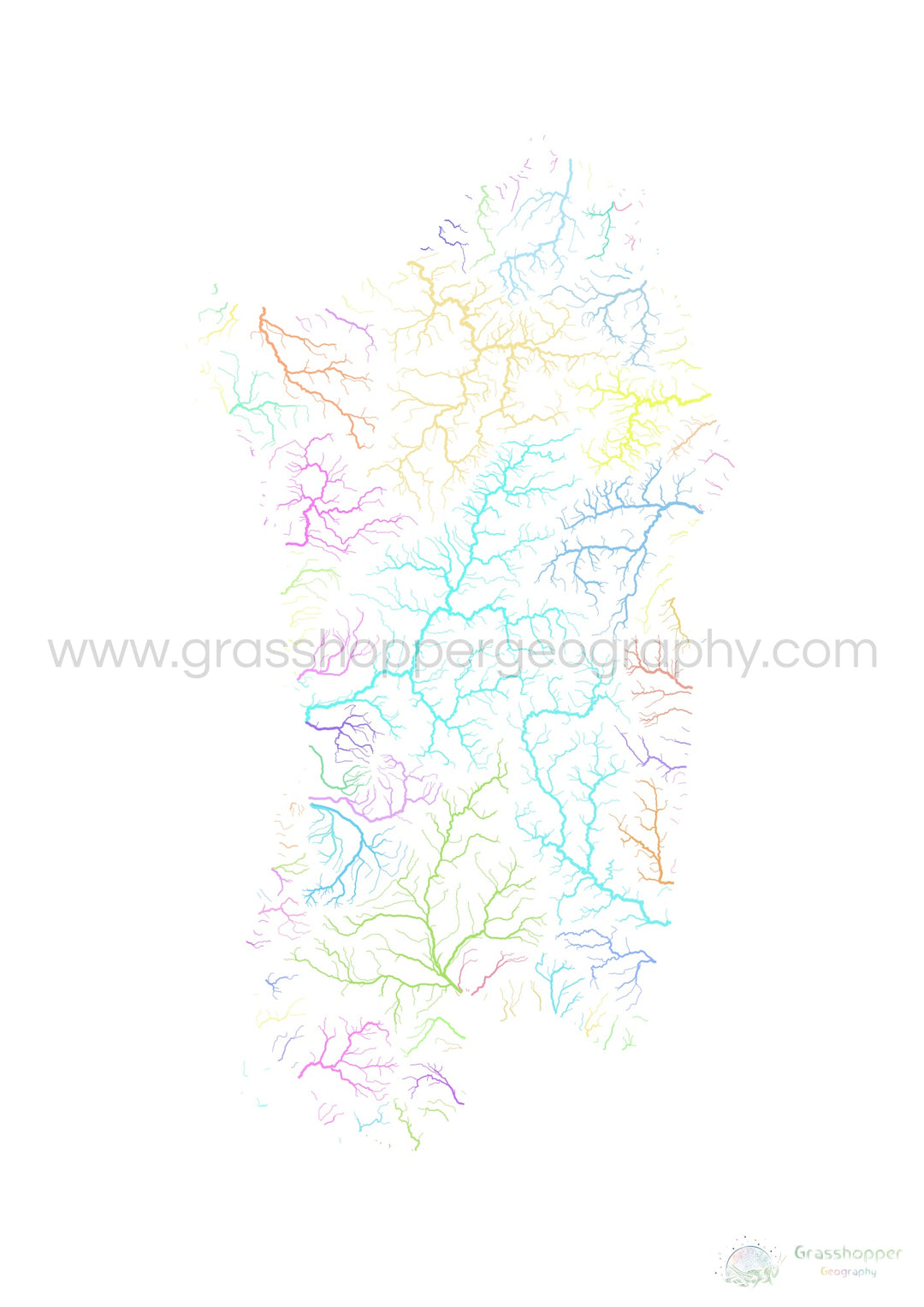 Sardenha - Mapa da bacia hidrográfica, pastel sobre branco - Impressão de belas artes