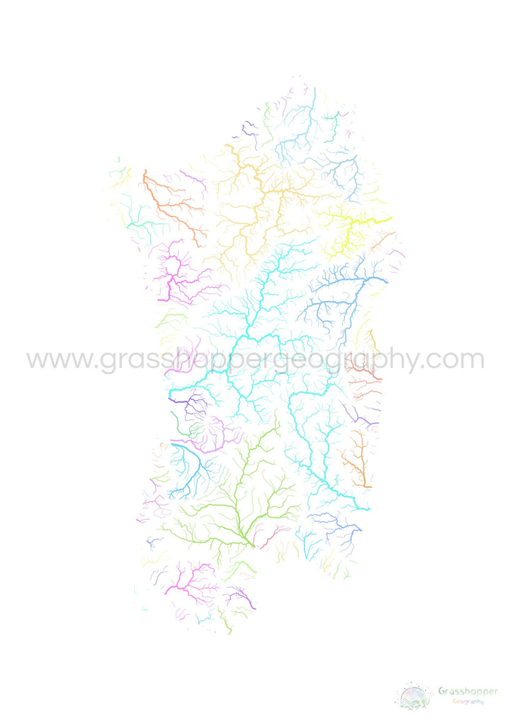 Sardaigne - Carte des bassins fluviaux, pastel sur blanc - Fine Art Print