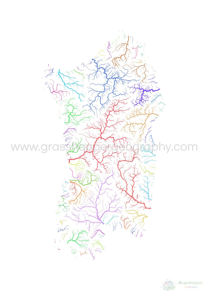 River basin map of Sardinia, rainbow colours on white Fine Art Print