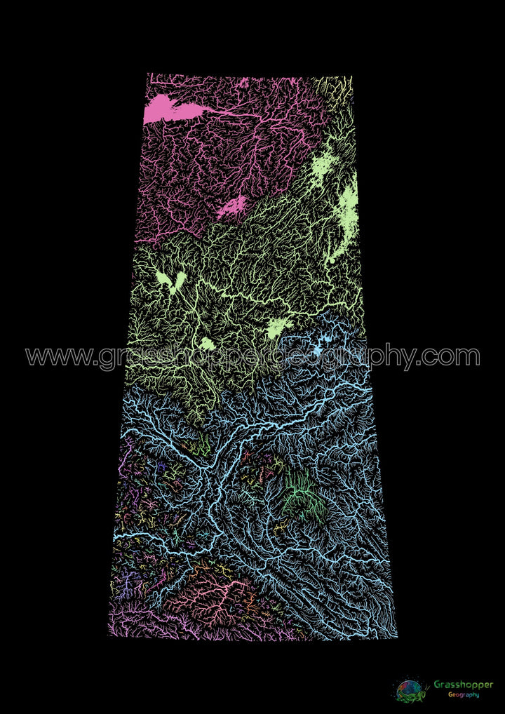 Saskatchewan - Mapa de la cuenca del río, pastel sobre negro - Impresión de Bellas Artes