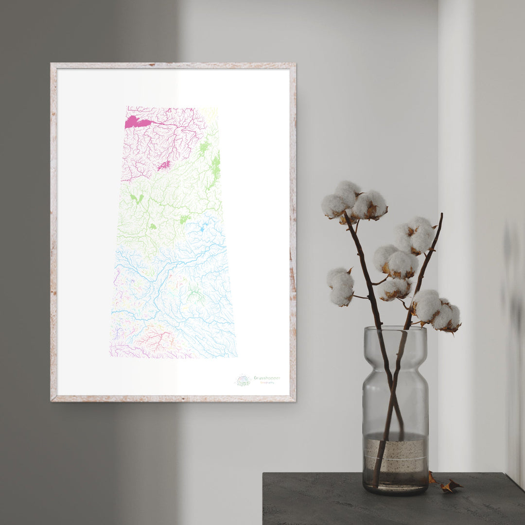 River basin map of Saskatchewan, pastel colours on white - Fine Art Print