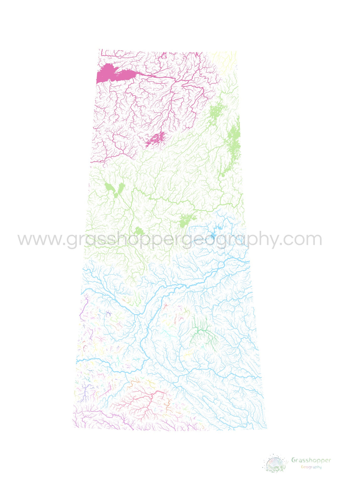 Saskatchewan - Carte du bassin fluvial, pastel sur blanc - Tirage d'art