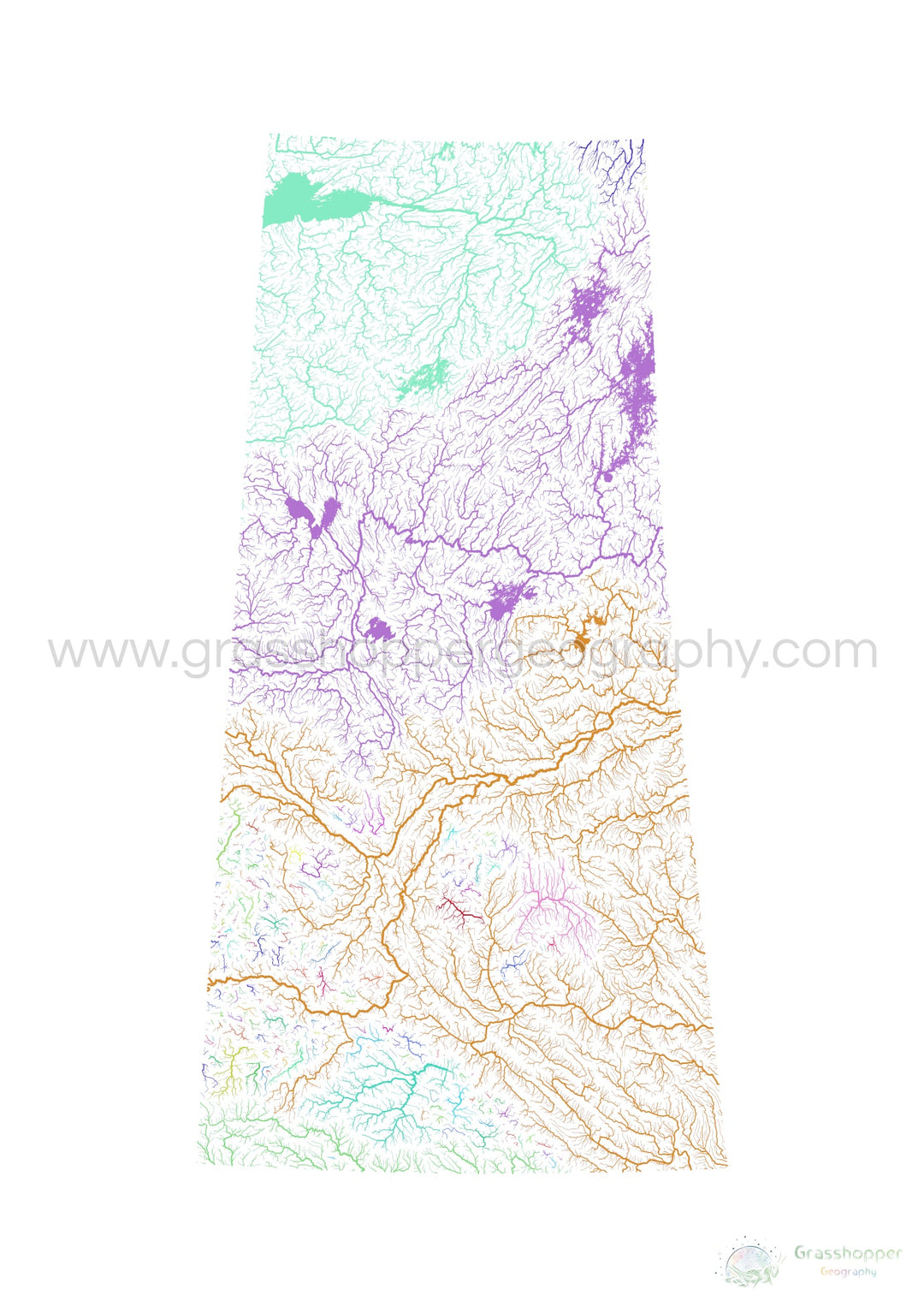 Saskatchewan - River basin map, rainbow on white - Fine Art Print