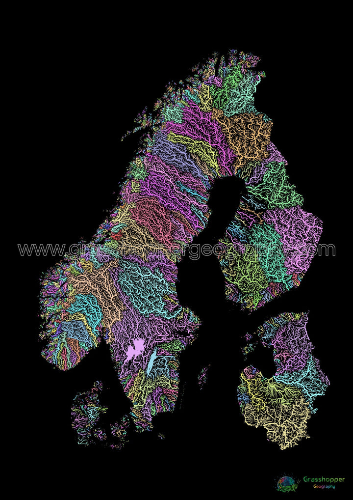 Escandinavia - Mapa de la cuenca fluvial, pastel sobre negro - Impresión de Bellas Artes