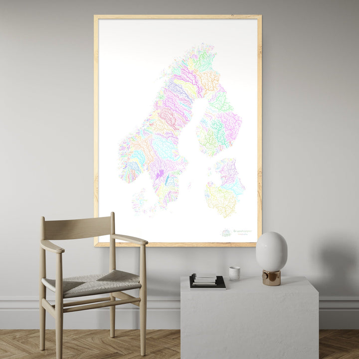 Scandinavie - Carte des bassins fluviaux, pastel sur blanc - Fine Art Print