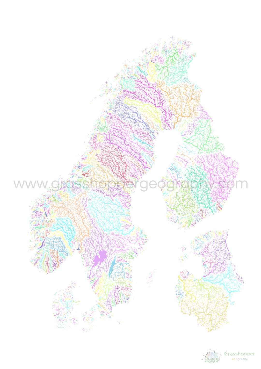River basin map of Scandinavia, pastel colours on white - Fine Art Print