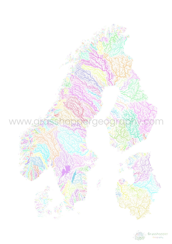 Escandinávia - Mapa da bacia hidrográfica, pastel sobre branco - Impressão de belas artes